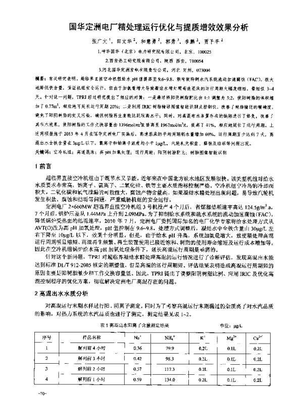国华定洲电厂精处理运行优化与提质增效效果分析