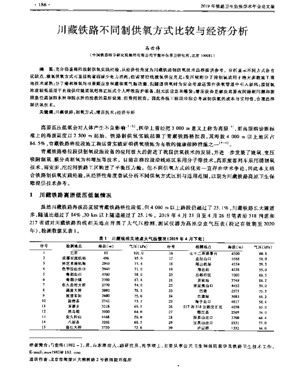 川藏铁路不同制供氧方式比较与经济分析
