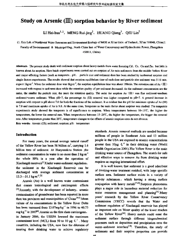 StudyonArsenic(Ⅲ)sorptionbehaviorbyRiversediment