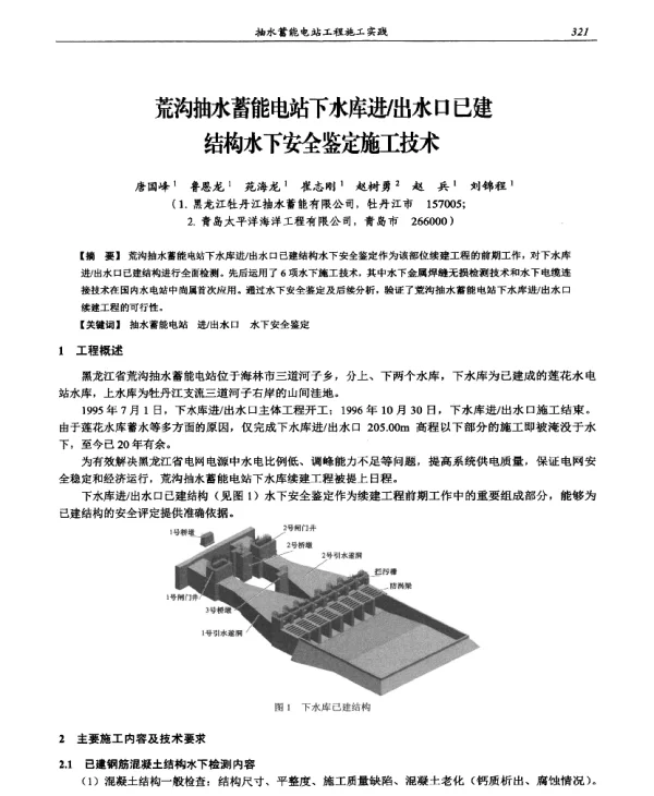 荒沟抽水蓄能电站下水库进出水口已建结构水下安全鉴定施工技术