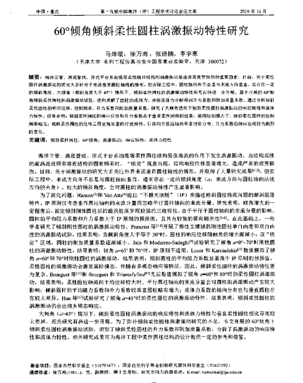 60°倾角倾斜柔性圆柱涡激振动特性研究