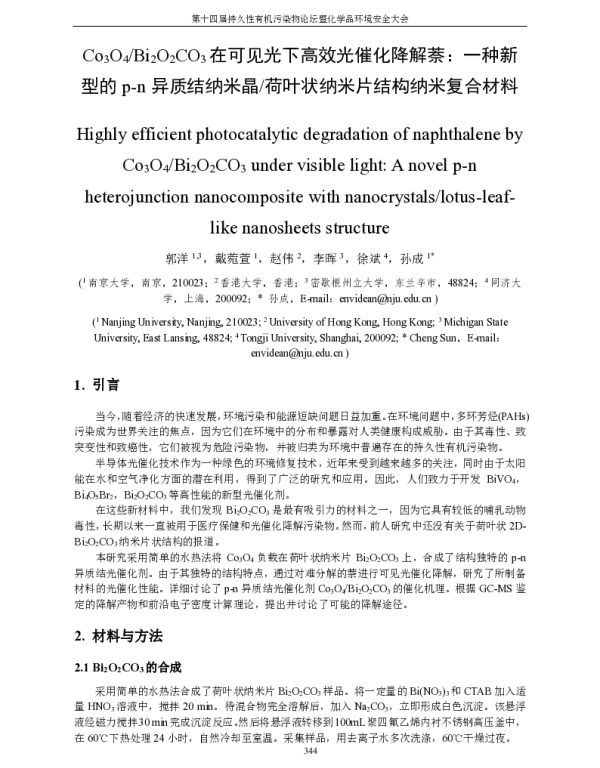 Co3O4Bi2O2CO3在可见光下高效光催化降解萘一种新型的p-n异质结纳米晶荷叶状纳米片结构纳米复合材料