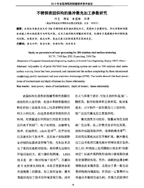 不锈钢表面织构的脉冲激光加工参数研究