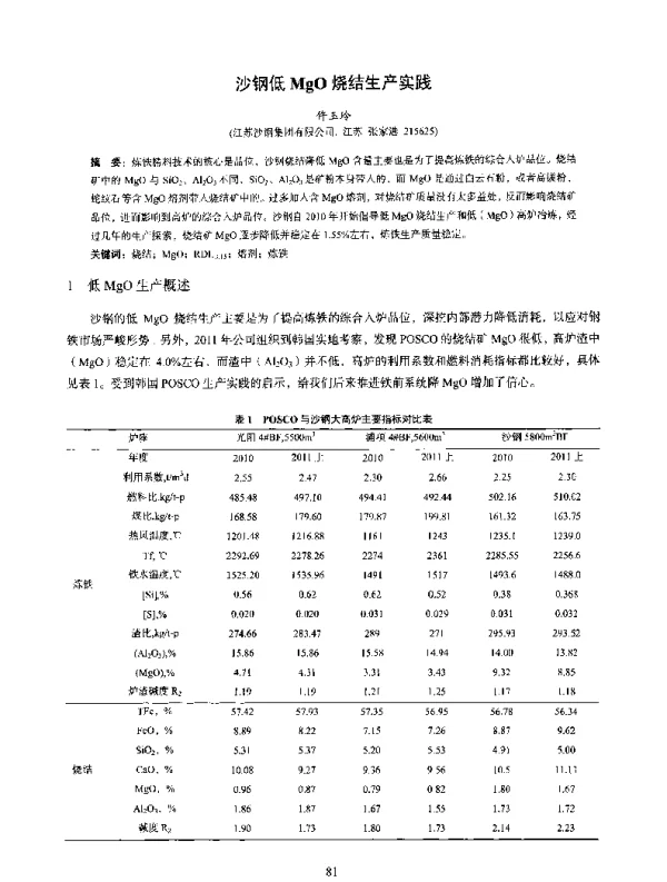 沙钢低MgO烧结生产实践