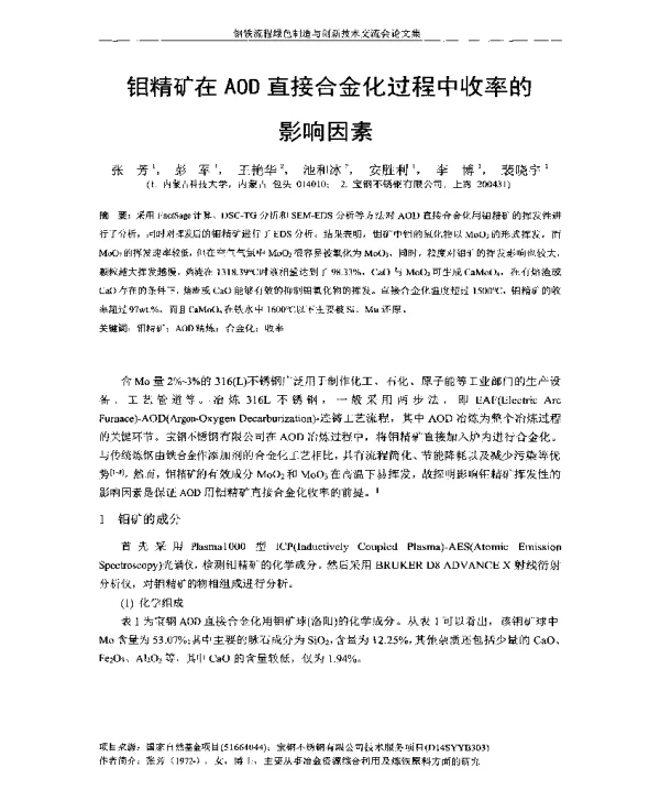 钼精矿在AOD直接合金化过程中收率的影响因素