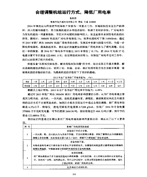 合理调整机组运行方式降低厂用电率