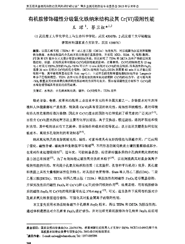 有机胺修饰磁性分级氧化铁纳米结构及其Cr(Ⅵ)吸附性能