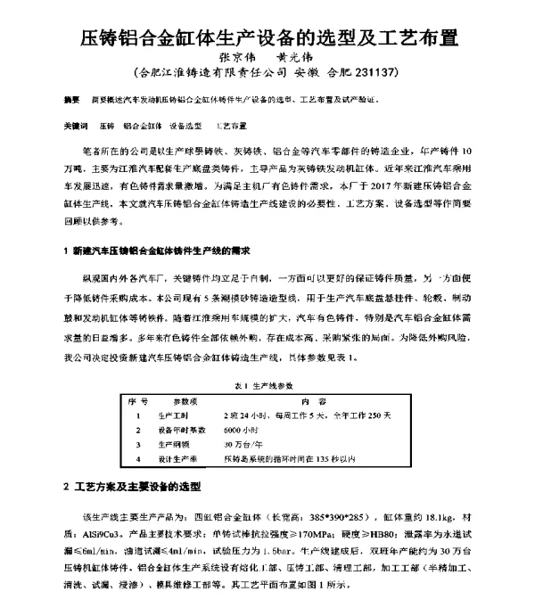 压铸铝合金缸体生产设备的选型及工艺布置