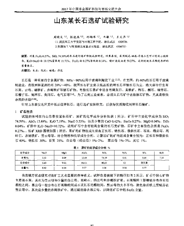 山东某长石选矿试验研究