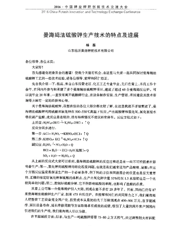 曼海姆法硫酸钾生产技术的特点及进展