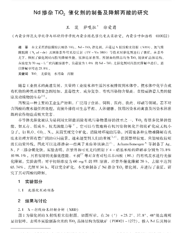 Nd掺杂TiO2催化剂的制备及降解丙酸的研究