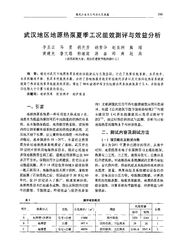 武汉地区地源热泵夏季工况能效测评与效益分析