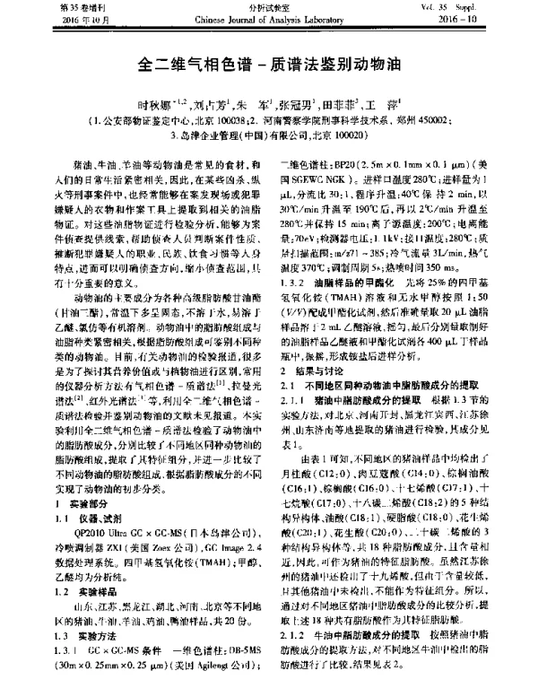 全二维气相色谱-质谱法鉴别动物油