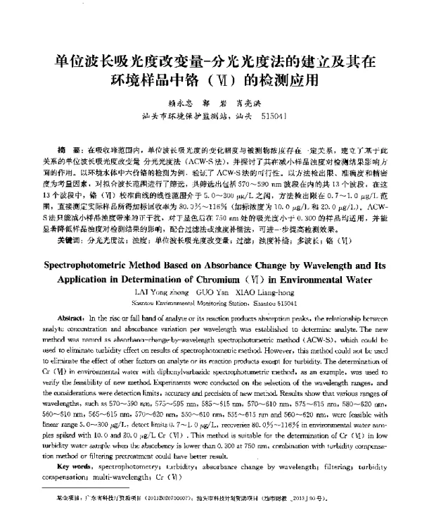 单位波长吸光度改变量分光光度法的建立及其在环境样品中铬(Ⅵ)的检测应用
