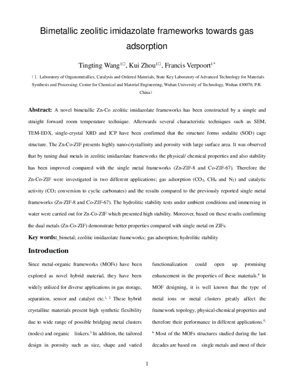 Bimetalliczeoliticimidazolateframeworkstowardsgasadsorption