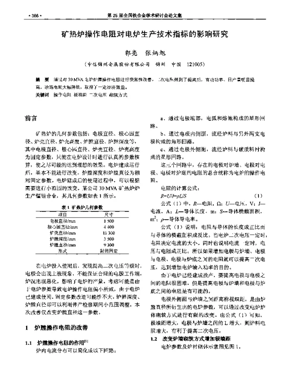 矿热炉操作电阻对电炉生产技术指标的影响研究