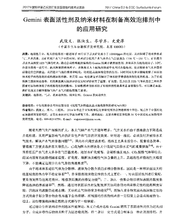 Gemini表面活性剂及纳米材料在制备高效泡排剂中的应用研究