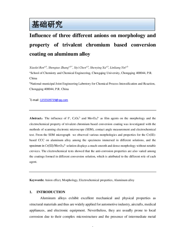 Influenceofthreedifferentanionsonmorphologyandpropertyoftrivalentchromiumbasedconversioncoatingonaluminumalloy