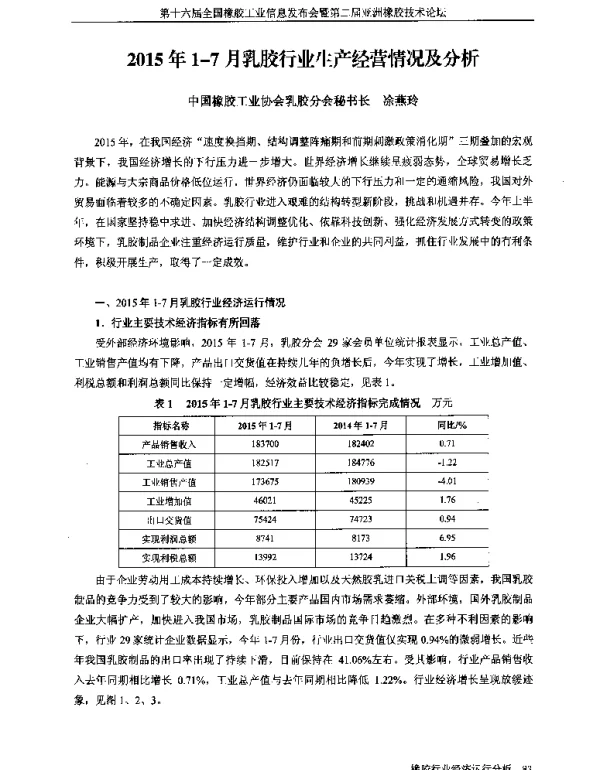 2015年1-7月乳胶行业生产经营情况及分析