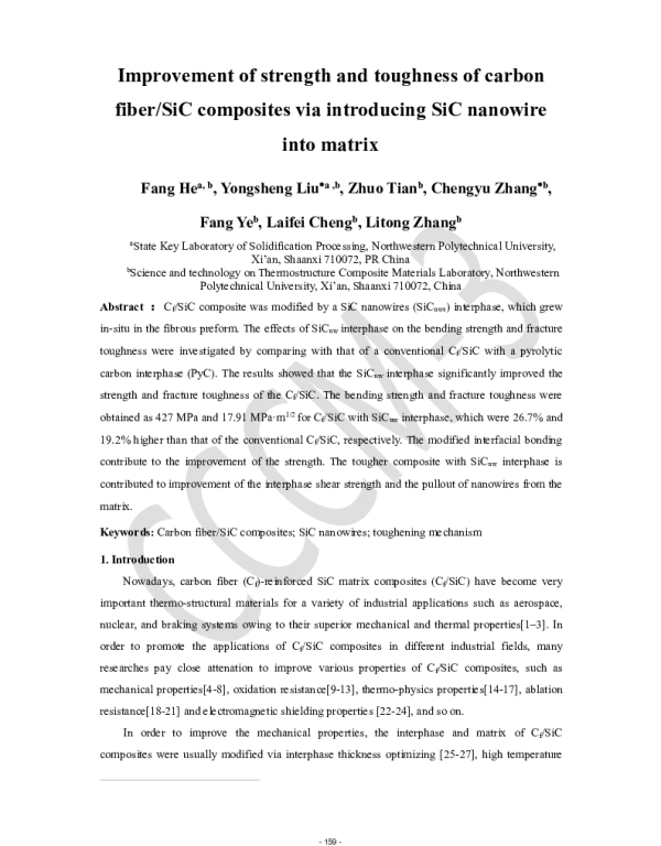 ImprovementofstrengthandtoughnessofcarbonfiberSiCcompositesviaintroducingSiCnanowireintomatrix