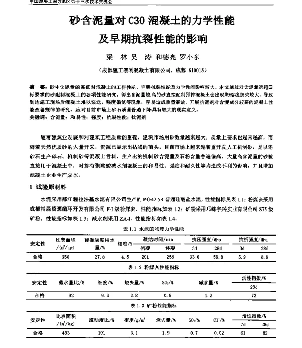 砂含泥量对C30混凝土的力学性能及早期抗裂性能的影响