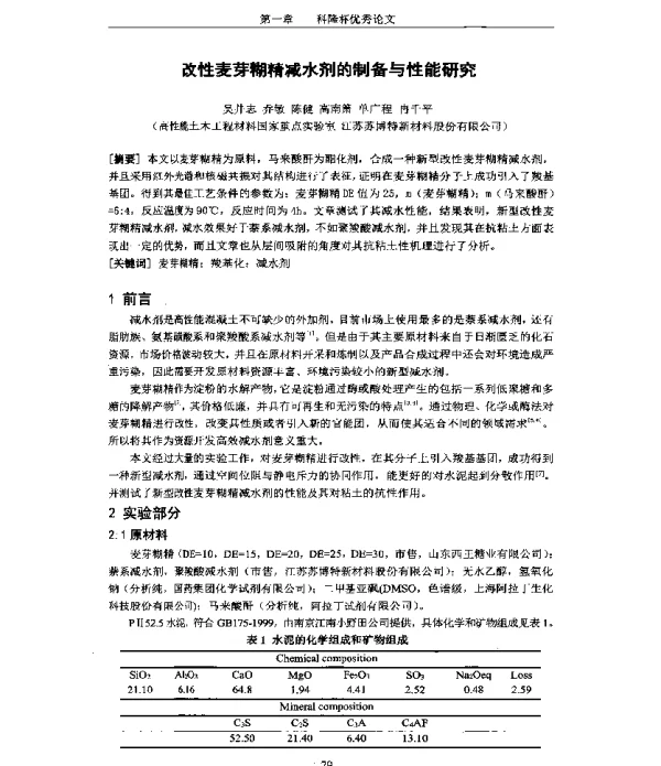 改性麦芽糊精减水剂的制备与性能研究