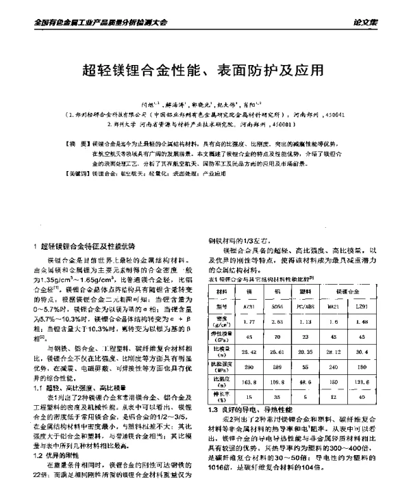 超轻镁锂合金性能、表面防护及应用