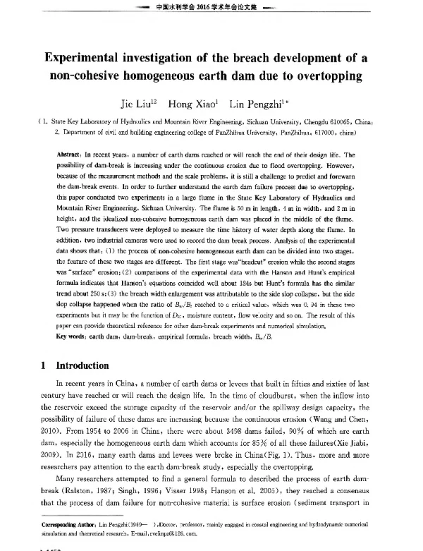 Experimentalinvestigationofthebreachdevelopmentofanon-cohesivehomogeneousearthdamduetoovertopping