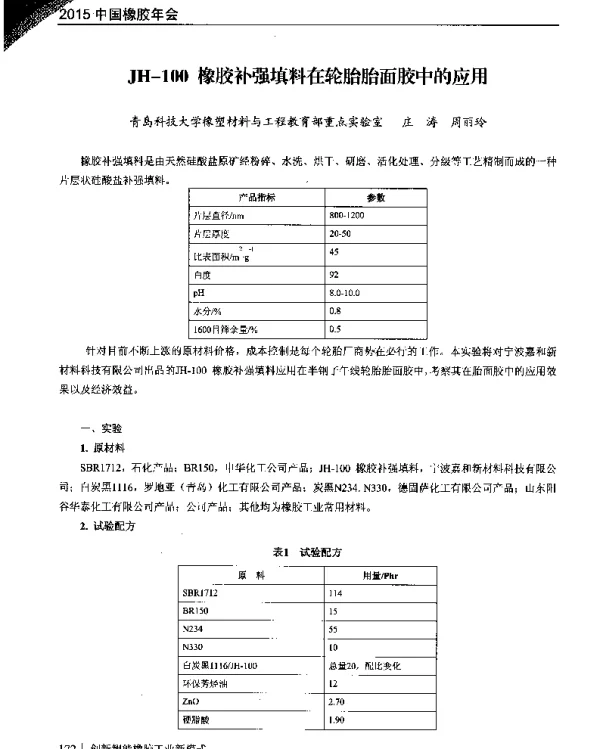 JH-100橡胶补强填料在轮胎胎面胶中的应用