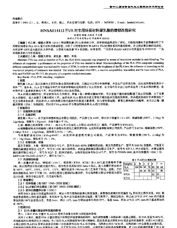 EVA对车用环保材料聚乳酸的增韧改性研究