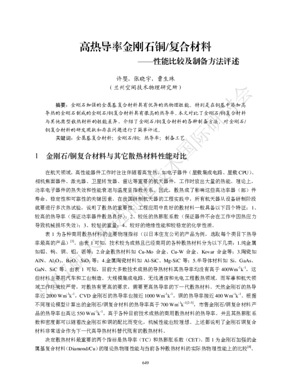 高热导率金刚石铜复合材料--性能比较及制备方法评述