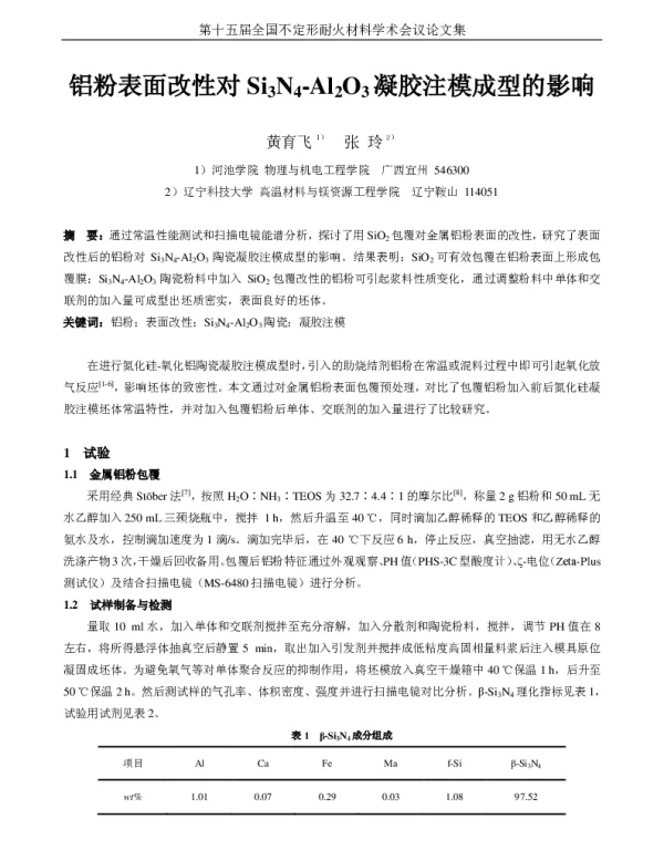 铝粉表面改性对Si3N4-Al2O3凝胶注模成型的影响