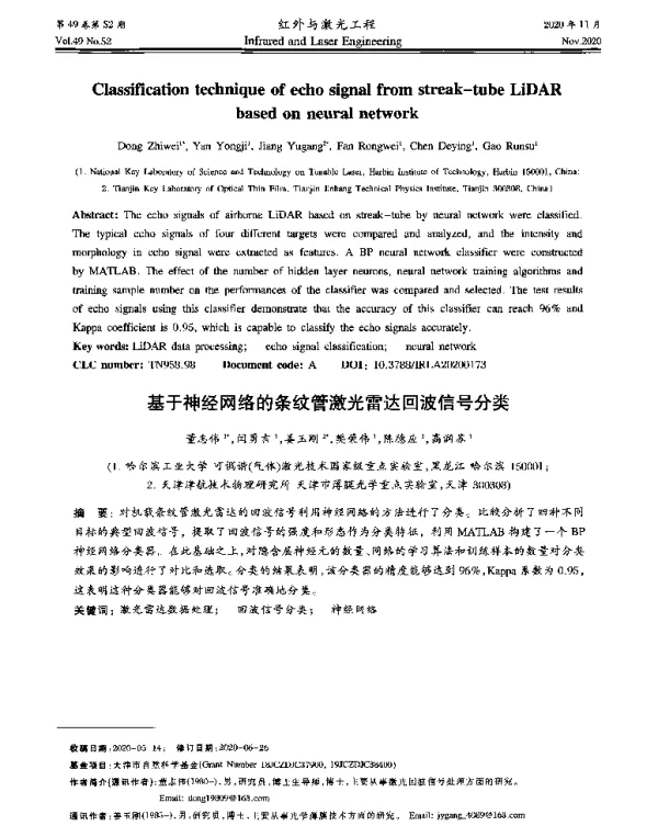 基于神经网络的条纹管激光雷达回波信号分类