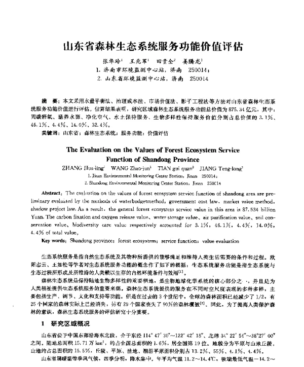 山东省森林生态系统服务功能价值评估