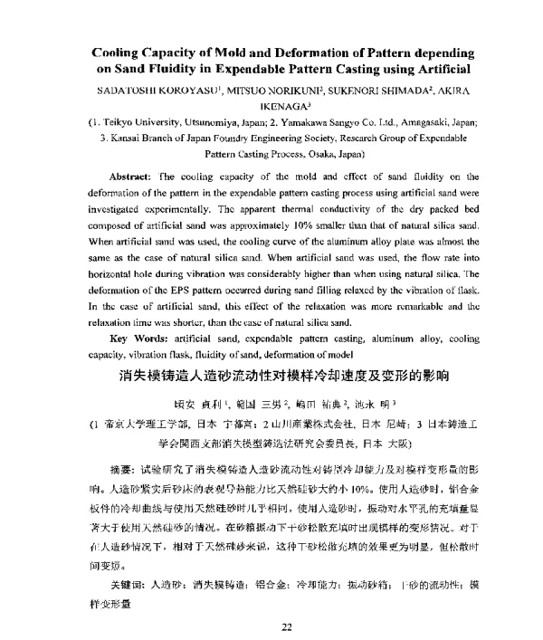 消失模铸造人造砂流动性对模样冷却速度及变形的影响
