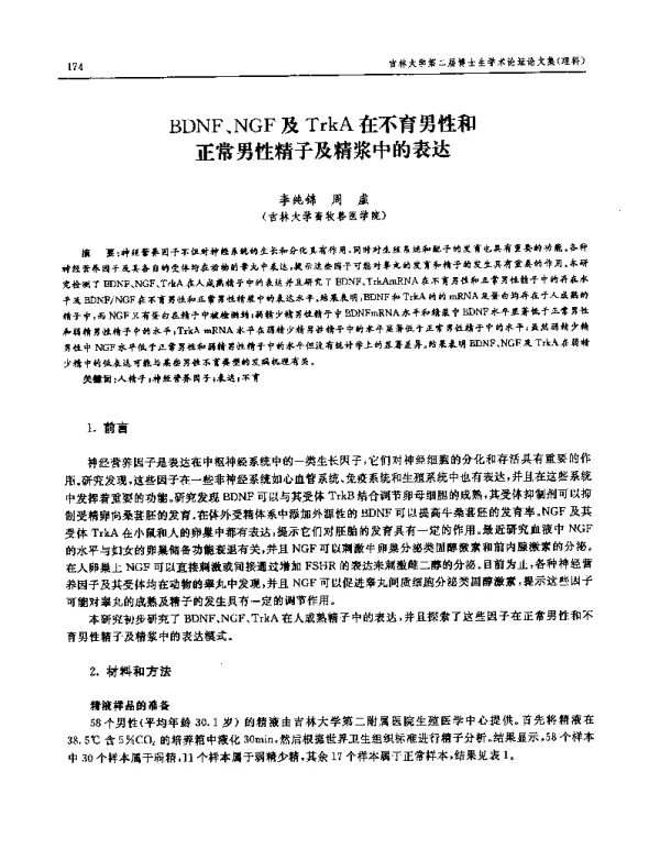 BDNF、NGF及TrkA在不育男性和正常男性精子及精浆中的表达