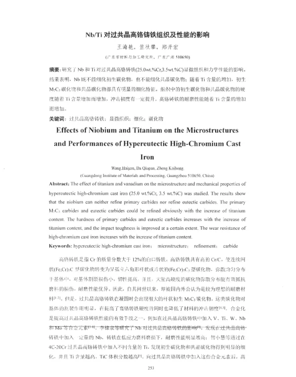 NbTi对过共晶高铬铸铁组织及性能的影响