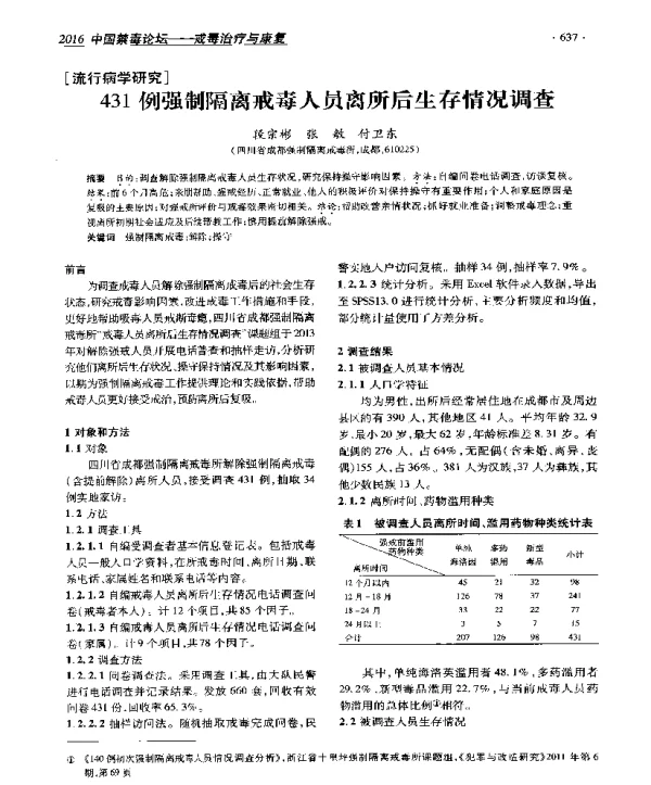 431例强制隔离戒毒人员离所后生存情况调查