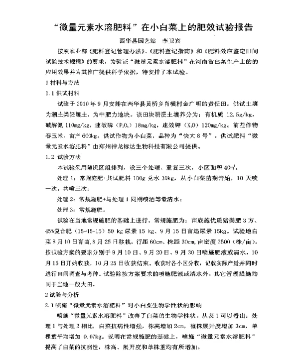 微量元素水溶肥料在小白菜上的肥效试验报告