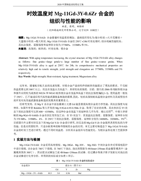 时效温度对Mg-11Gd-3Y-0.6Zr合金的组织与性能的影响