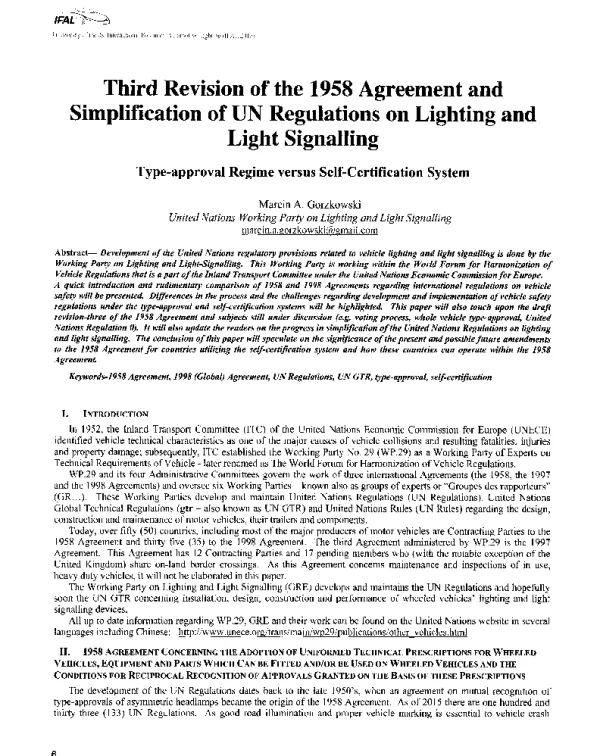 ThirdRevisionofthe1958AgreementandSimplificationofUNRegulationsonLightingandLightSignallingType-approvalRegimeversusSelf-CertificationSystem