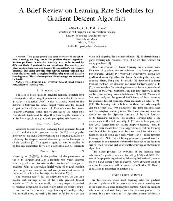ABriefReviewonLearningRateSchedulesforGradientDescentAlgorithm