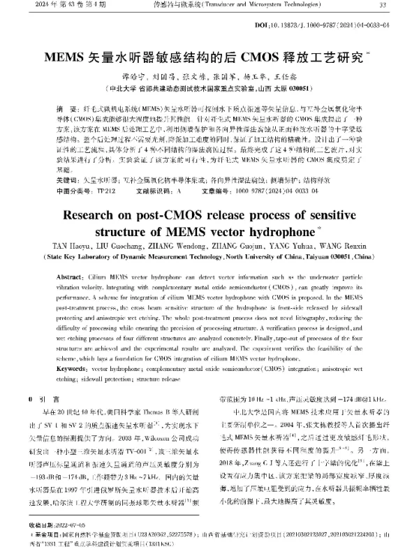 MEMS矢量水听器敏感结构的后CMOS释放工艺研究