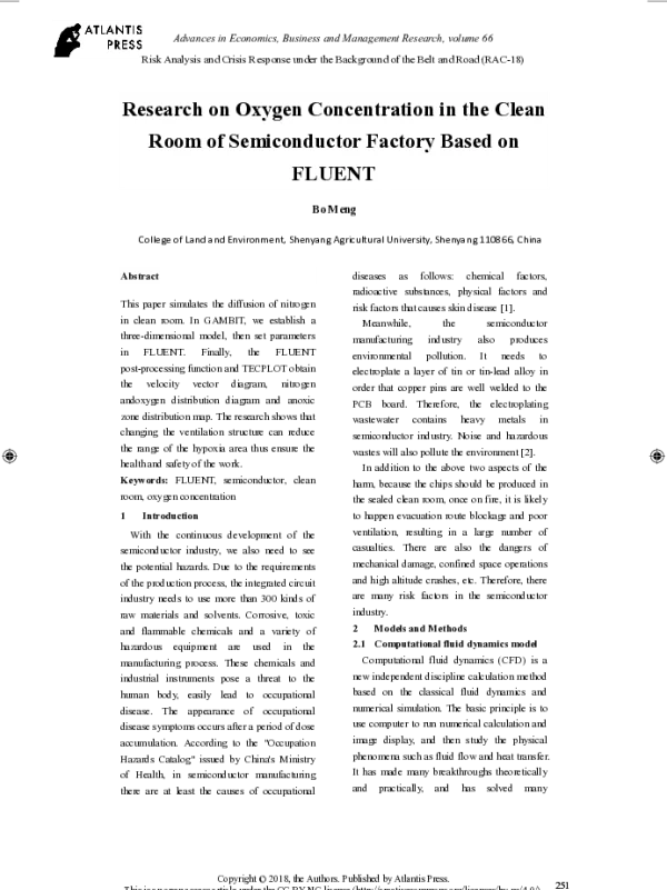 ResearchonOxygenConcentrationintheCleanRoomofSemiconductorFactoryBasedonFLUENT