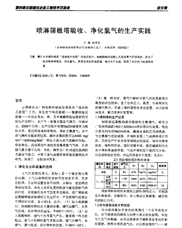 喷淋筛板塔吸收、净化氯气的生产实践
