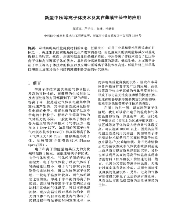 新型中压等离子体技术及其在薄膜生长中的应用