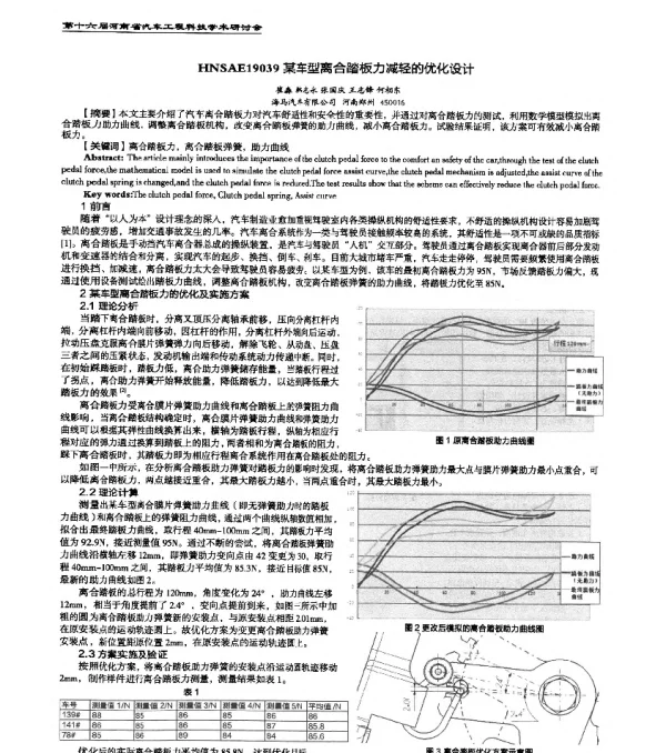 HNSAE19039某车型离合踏板力减轻的优化设计