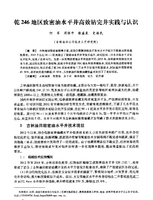 乾246地区致密油水平井高效钻完井实践与认识