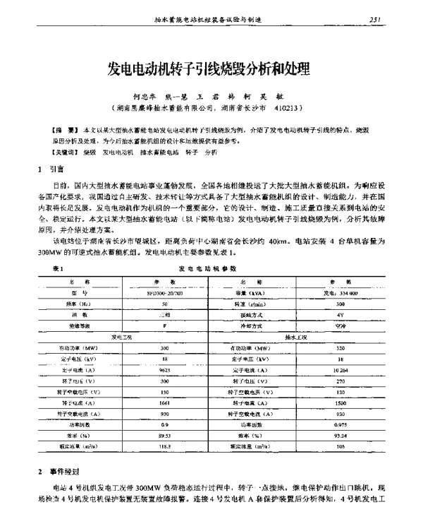 发电电动机转子引线烧毁分析和处理