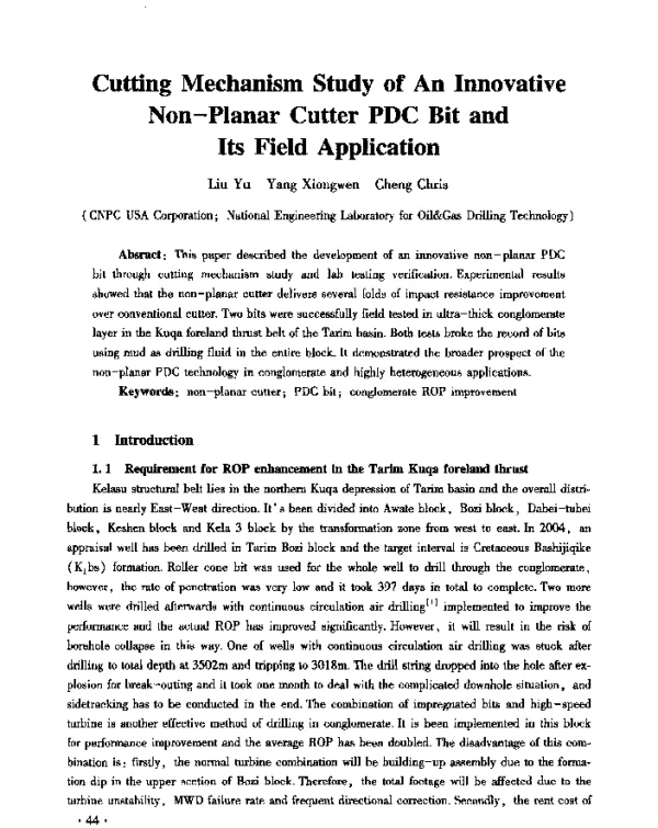 CuttingMechanismStudyofAnInnovativeNon-PlanarCutterPDCBitandItsFieldApplication
